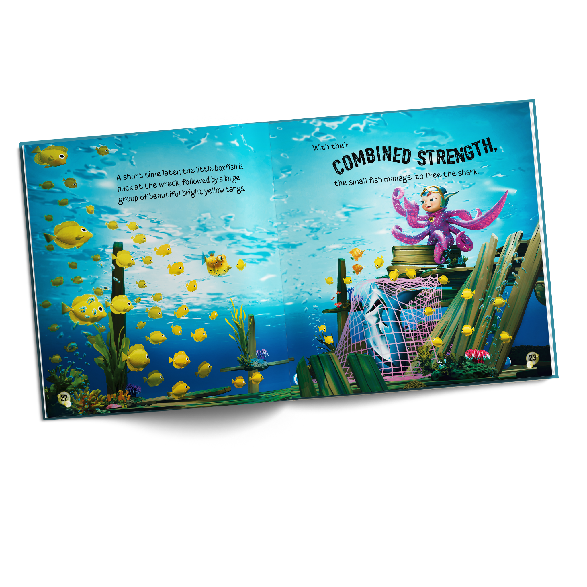 Luna Octopus – Sharky’s Adventurous Rescue interior spread showing teamwork, combined strength and a stereotype-free girl hero
