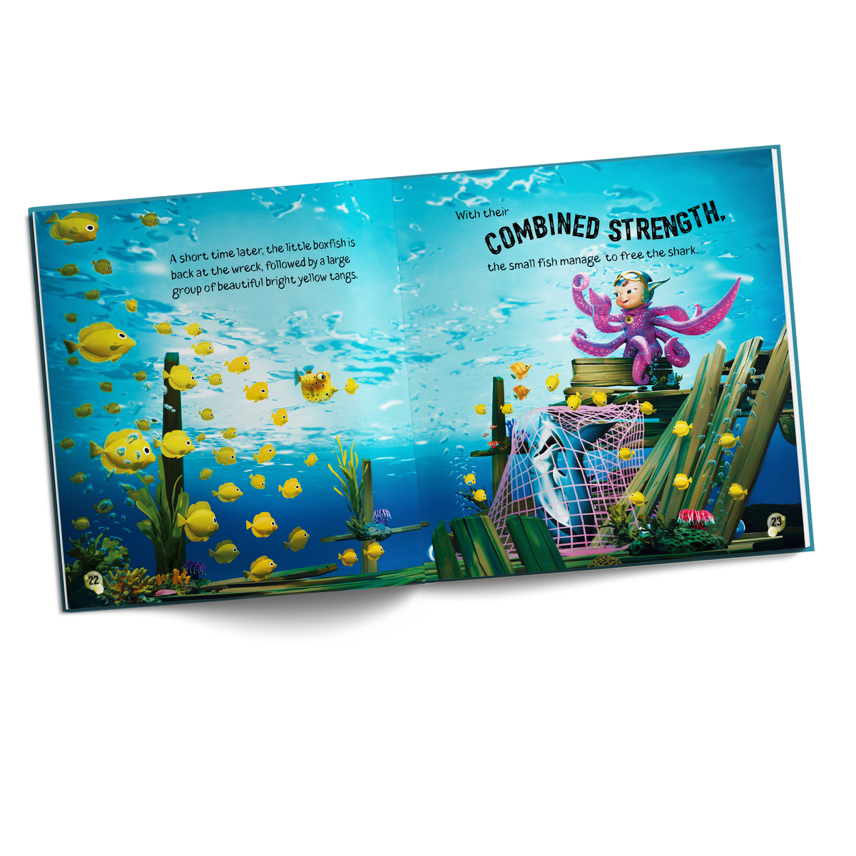 Luna Octopus – Sharky’s Adventurous Rescue interior spread showing teamwork, combined strength and a stereotype-free girl hero