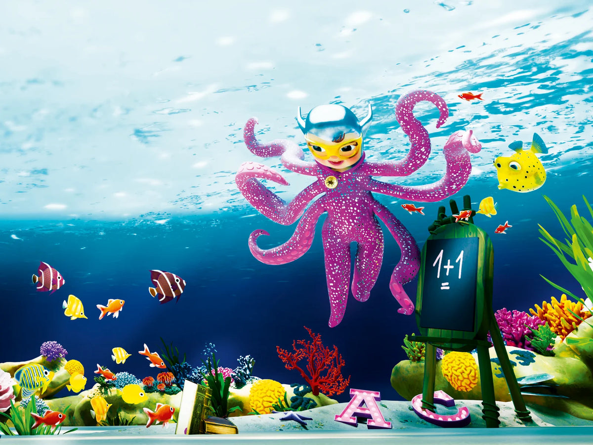 Luna Octopus and Freddy the Boxfish exploring a colourful underwater world with coral reefs and sea creatures.