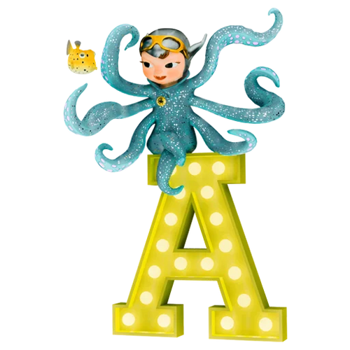 Luna Octopus balancing on a letter A, celebrating courage and confidence.