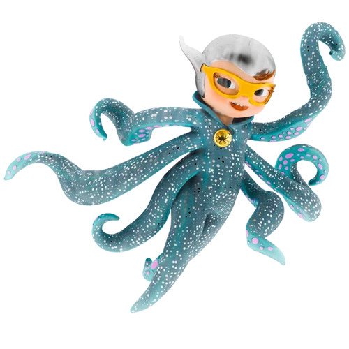 Luna Octopus exploring underwater with a magnifying glass, following her curiosity.