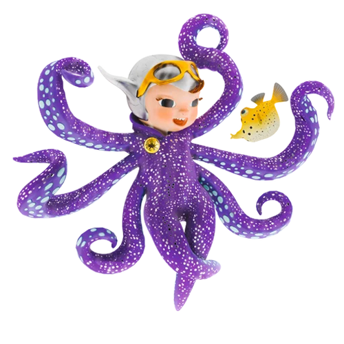 Luna Octopus swimming with Freddy the Boxfish, celebrating friendship and different strengths.