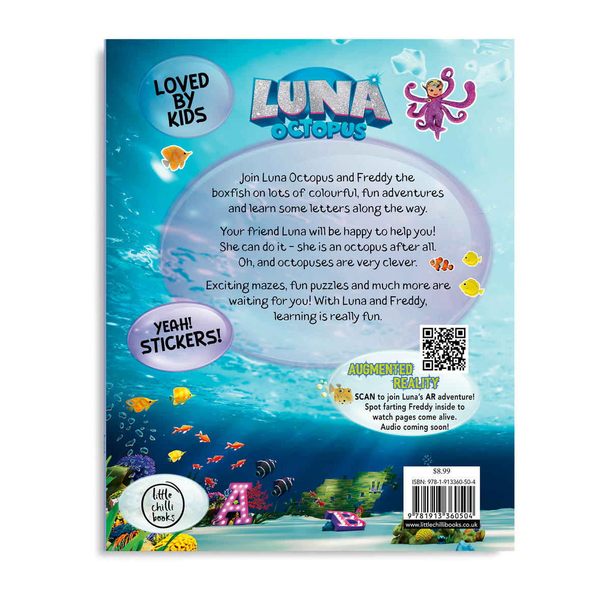 Back cover of Write with Luna sticker activity book with Augmented Reality experience and ocean-themed activities