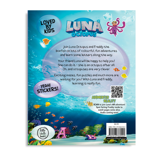 Back cover of Write with Luna sticker activity book with Augmented Reality experience and ocean-themed activities