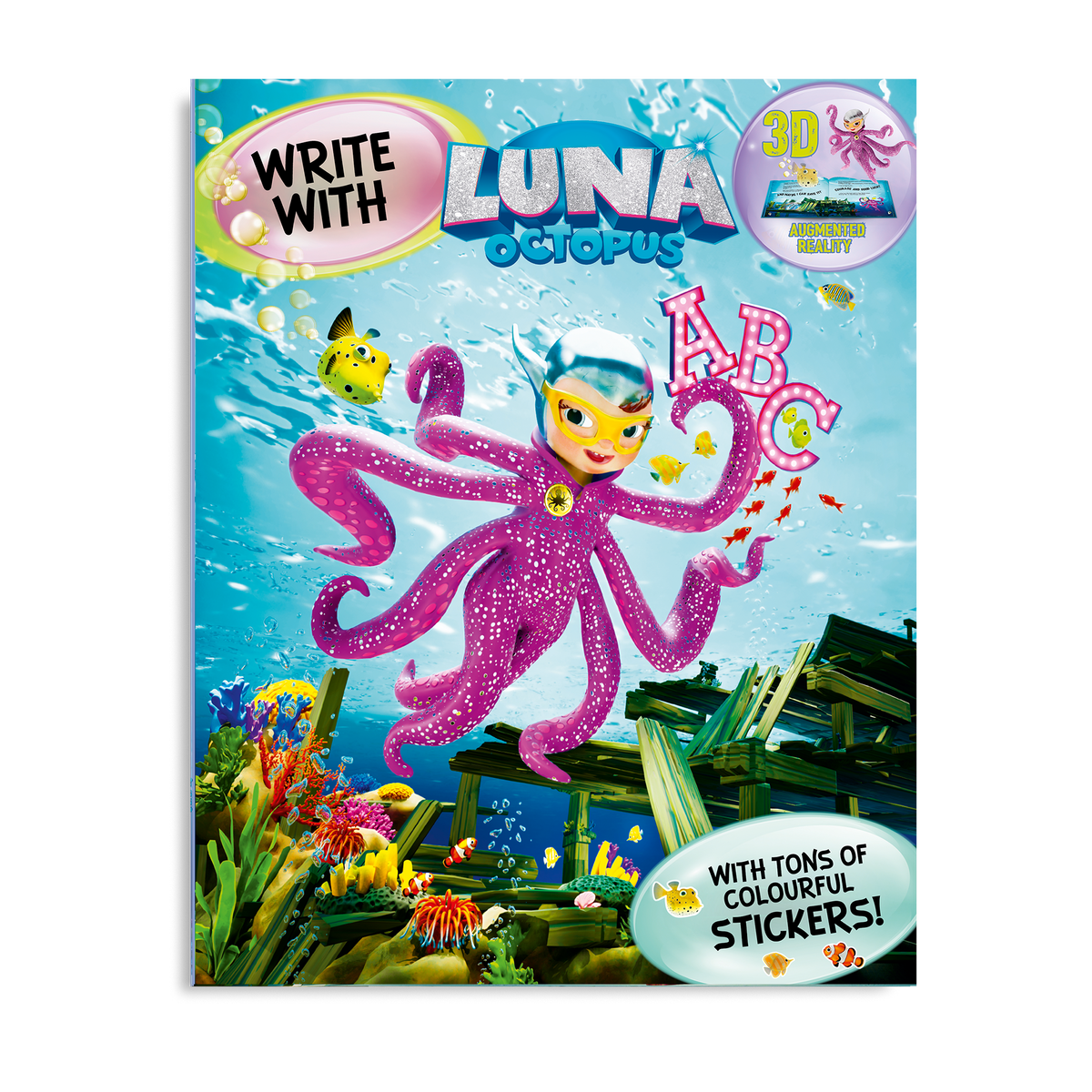 Write with Luna sticker activity book cover featuring Luna Octopus in her colourful underwater world