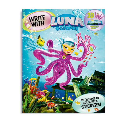 Write with Luna sticker activity book cover featuring Luna Octopus in her colourful underwater world