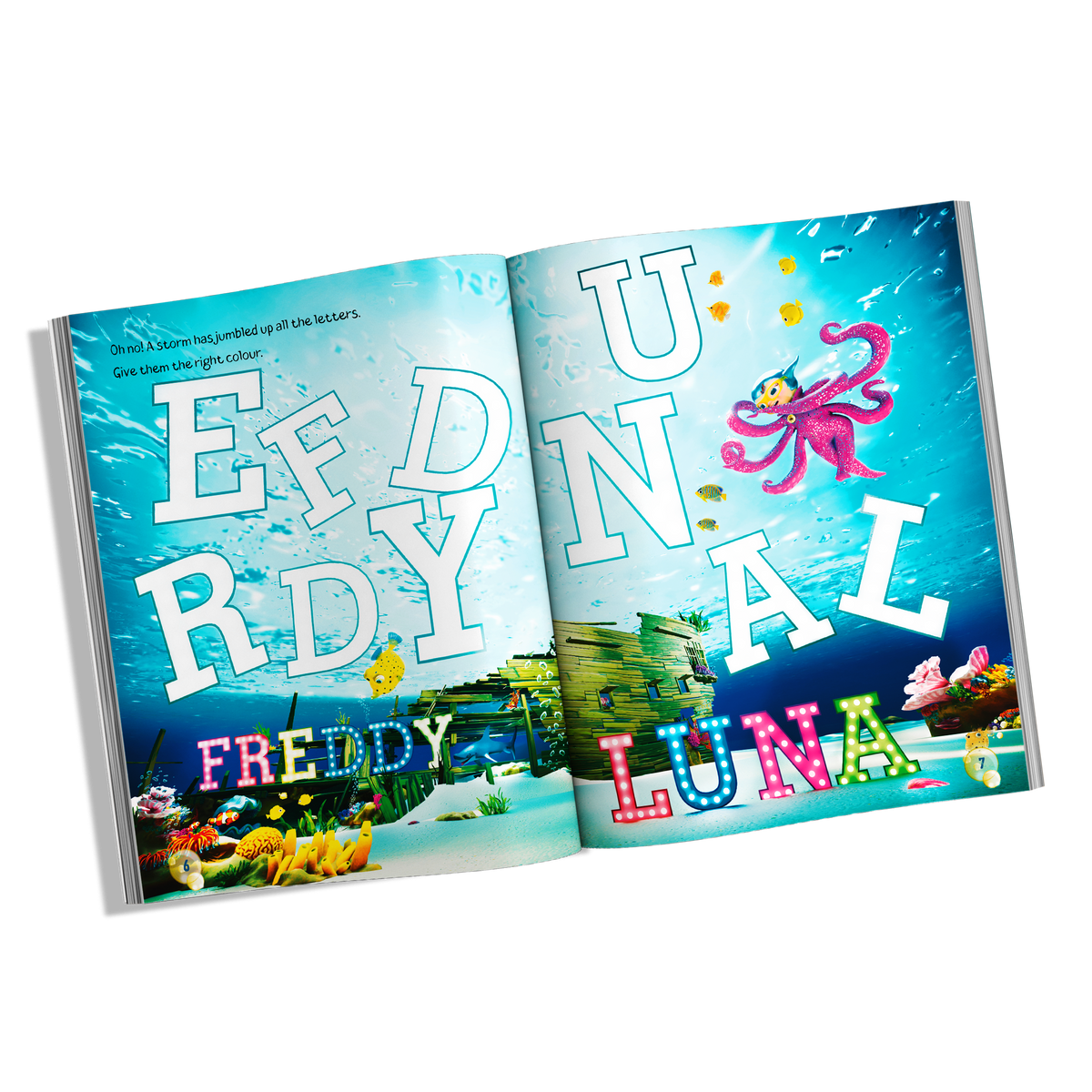 Write with Luna activity book spread featuring Luna Octopus, Freddy and playful underwater letter activities for early writing practice
