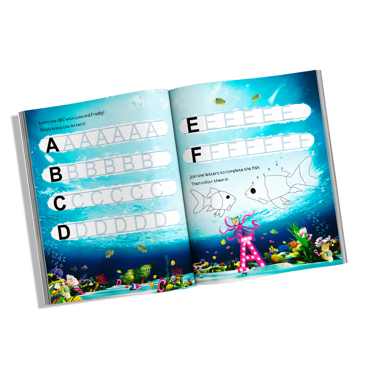 Write with Luna activity book spread with alphabet tracing, letter practice and a playful fish drawing activity in Luna Octopus’ underwater world
