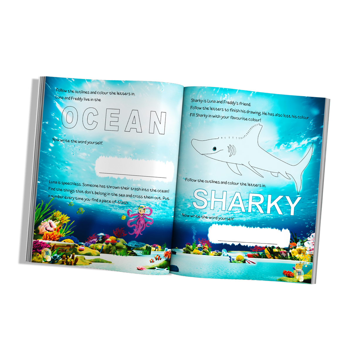 Write with Luna activity book spread with ocean-themed writing practice, Sharky the shark colouring activity and a playful ocean clean-up challenge with Luna